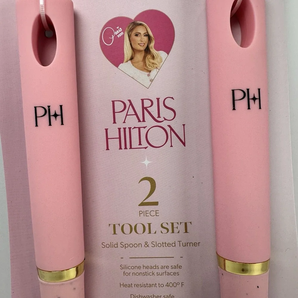 Paris Hilton 2 Piece‎ Kitchen Tool Set Pink Silicone Spoon & Slotted Turner New